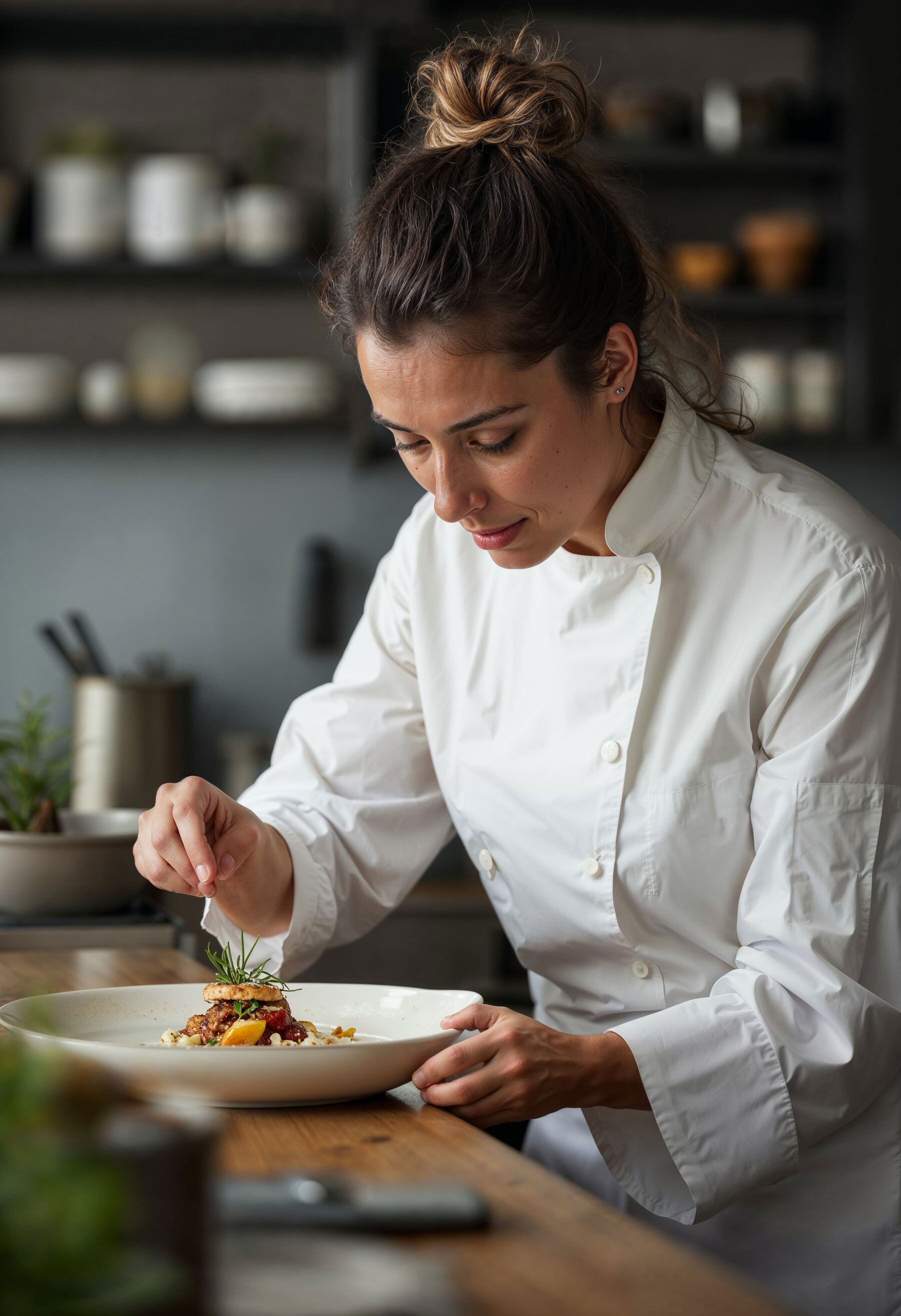 A chef plating a dish at La Muscade